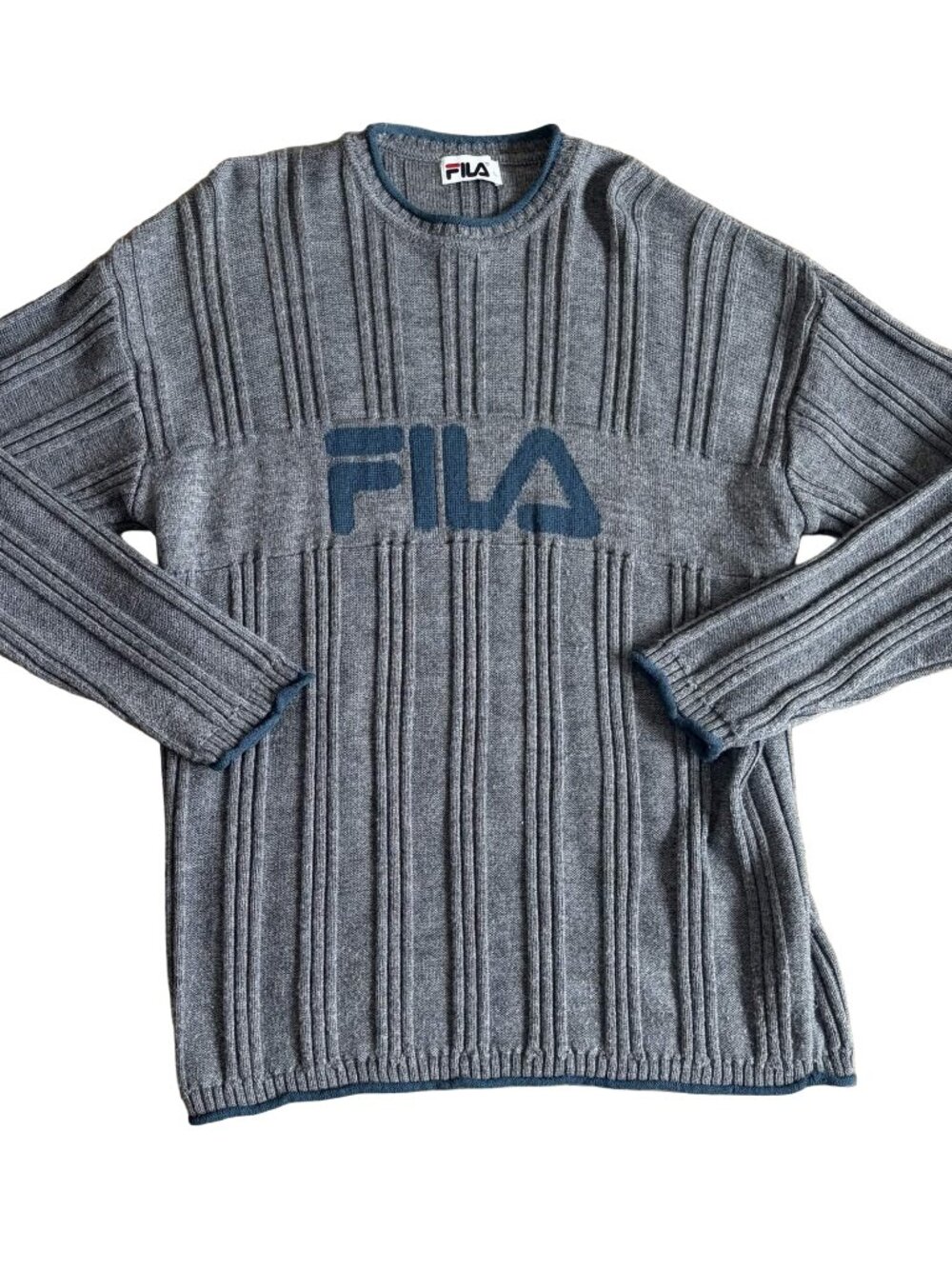 Vintage 90s Fila Competition Sweater XL Grey Wool Blend Ribbed Knit Logo